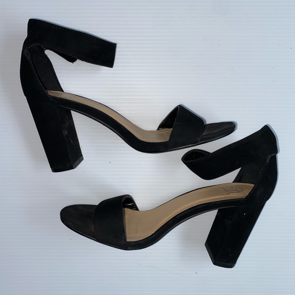 Black open toe block heels